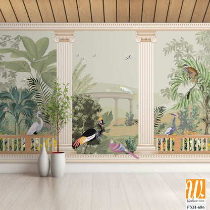 Ancient Greek Garden Wallpaper. Greek Forest Landscape Wall Mural. Greek jungle illustrations. [WP-FXH-686]