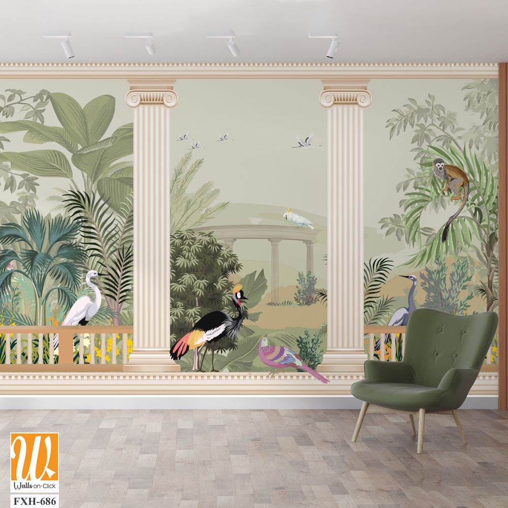 Ancient Greek Garden Wallpaper. Greek Forest Landscape Wall Mural. Greek jungle illustrations. [WP-FXH-686]