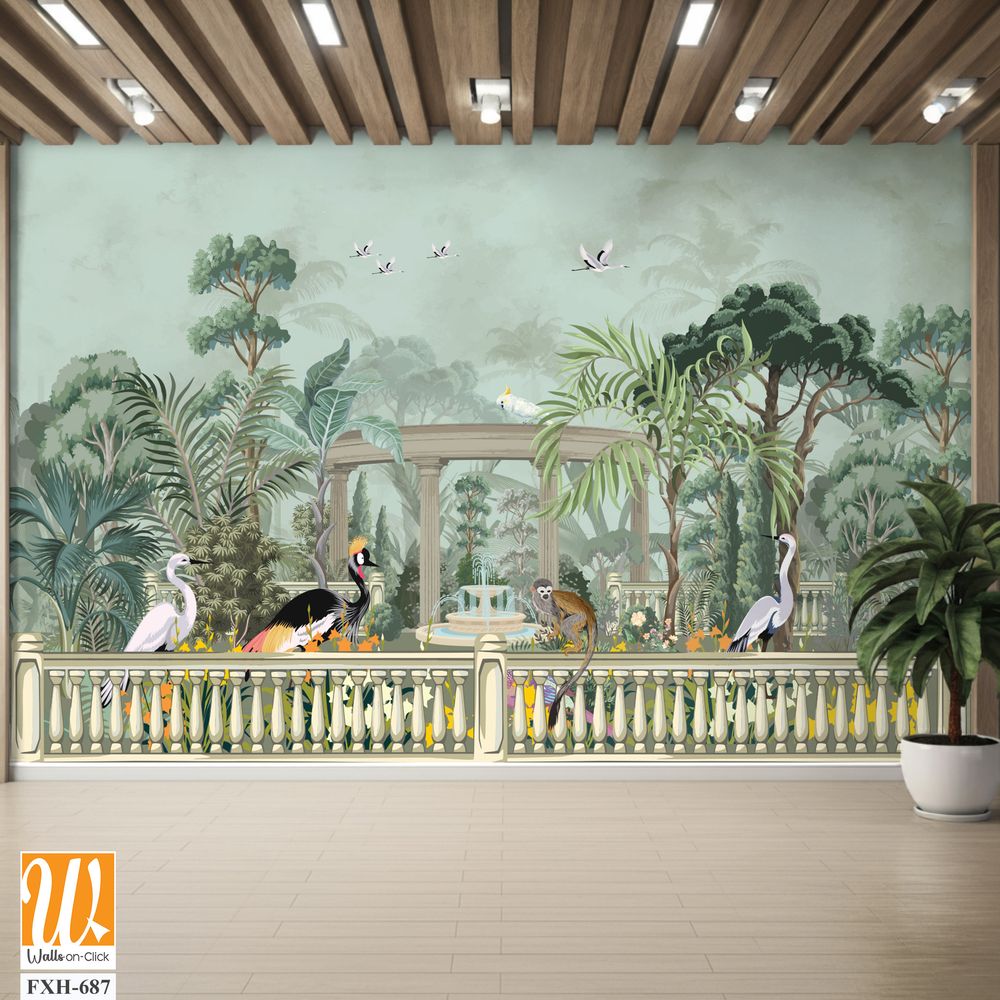 Forest jungle wallpaper illustrations. Garden arch dome, bird jungle wallpaper illustrations. Dream forest wallpaper design. [WP-FXH-687]