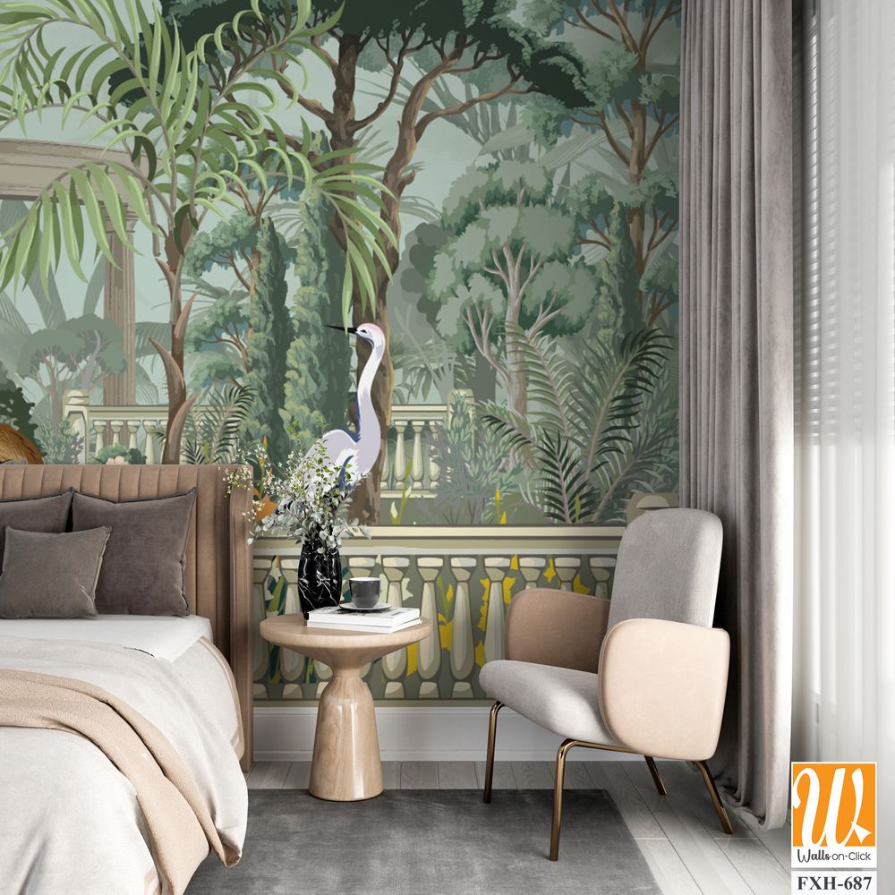 Forest jungle wallpaper illustrations. Garden arch dome, bird jungle wallpaper illustrations. Dream forest wallpaper design. [WP-FXH-687]