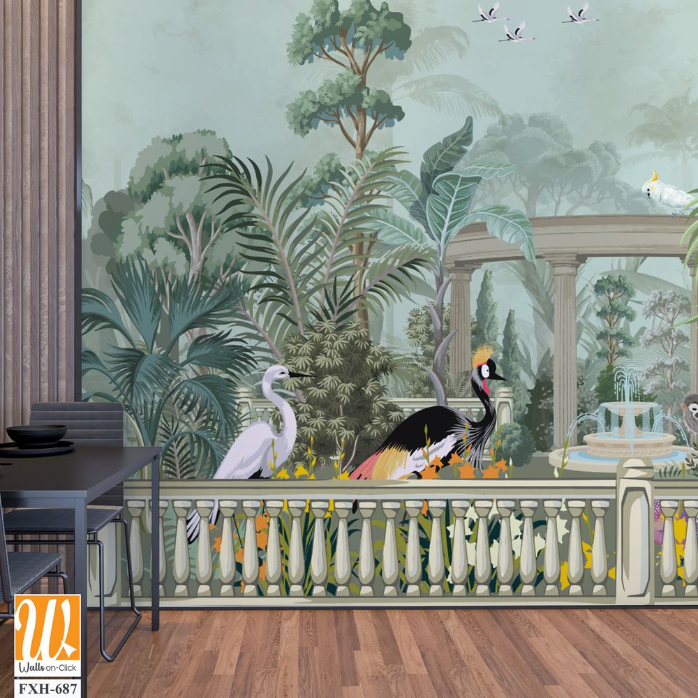 Forest jungle wallpaper illustrations. Garden arch dome, bird jungle wallpaper illustrations. Dream forest wallpaper design. [WP-FXH-687]