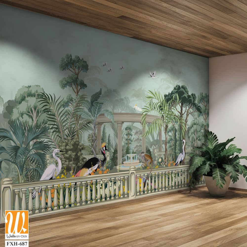 Forest jungle wallpaper illustrations. Garden arch dome, bird jungle wallpaper illustrations. Dream forest wallpaper design. [WP-FXH-687]