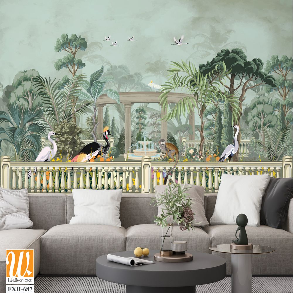 Forest jungle wallpaper illustrations. Garden arch dome, bird jungle wallpaper illustrations. Dream forest wallpaper design. [WP-FXH-687]