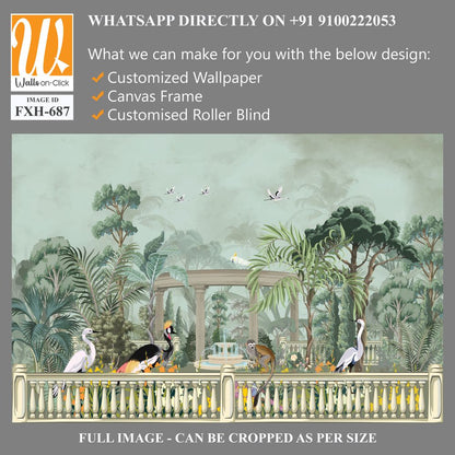 Forest jungle wallpaper illustrations. Garden arch dome, bird jungle wallpaper illustrations. Dream forest wallpaper design. [WP-FXH-687]