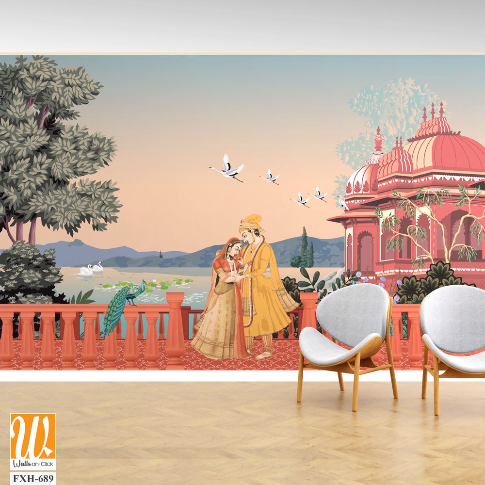 Mughal garden palace, arch, peacock, swans on the lake vector illustration. Mughal wedding outdoor background design. Mughal miniature wallpaper. [WP-FXH-689]