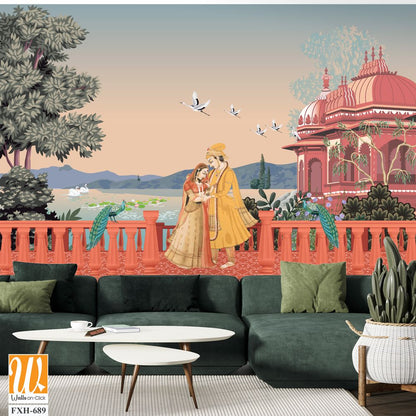 Mughal garden palace, arch, peacock, swans on the lake vector illustration. Mughal wedding outdoor background design. Mughal miniature wallpaper. [WP-FXH-689]