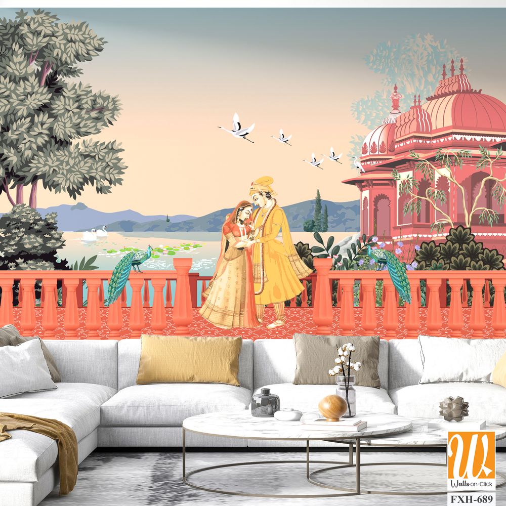 Mughal garden palace, arch, peacock, swans on the lake vector illustration. Mughal wedding outdoor background design. Mughal miniature wallpaper. [WP-FXH-689]