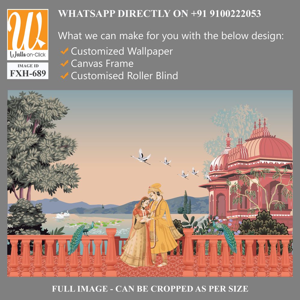 Mughal garden palace, arch, peacock, swans on the lake vector illustration. Mughal wedding outdoor background design. Mughal miniature wallpaper. [WP-FXH-689]