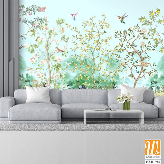 Beautiful exotic chinoiserie wallpaper. Chinese scenery landscape wallpaper. Chinoiserie, traditional oriental botanical motif. [WP-FXH-694]