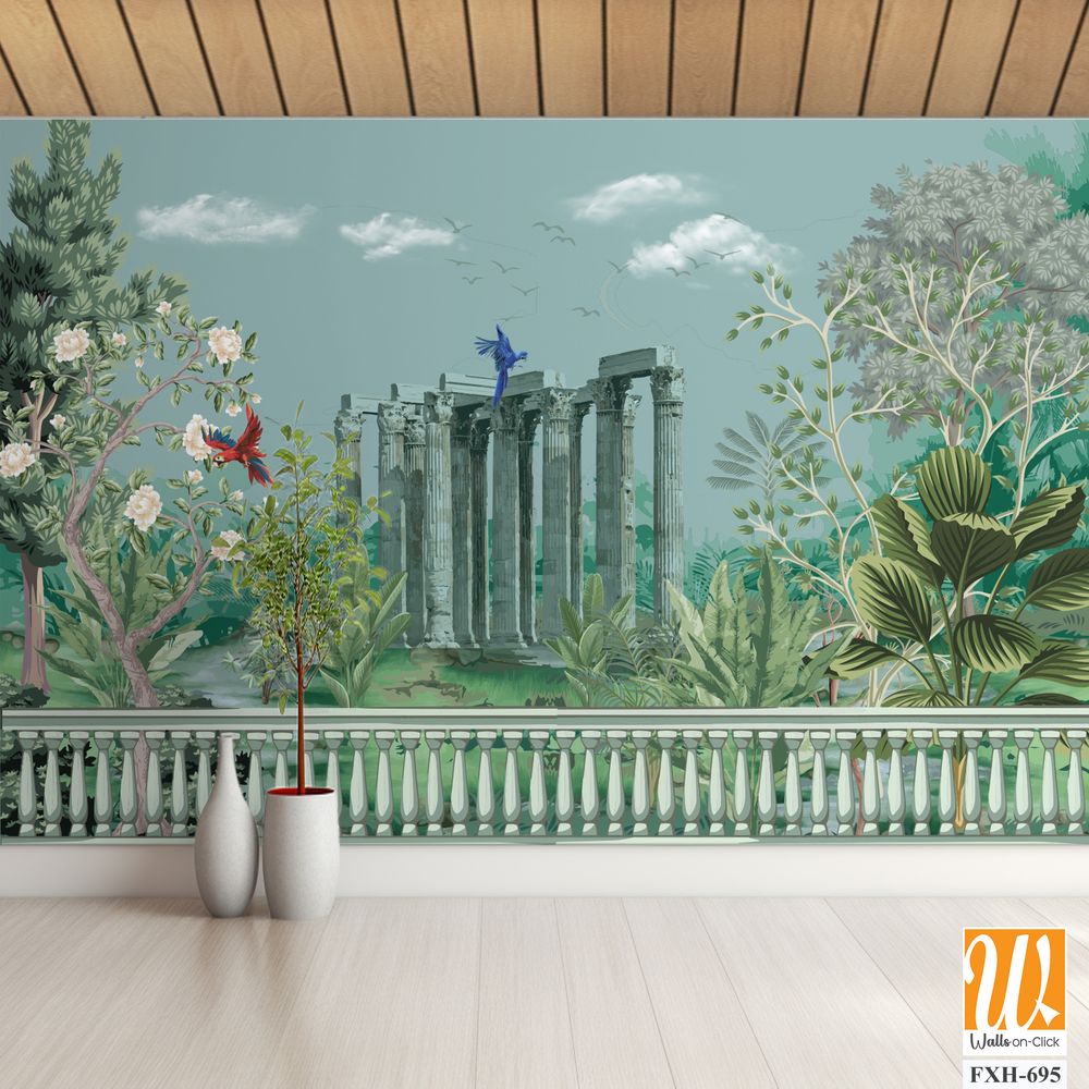 Greek, Roman, Greek arch, garden, peacock, wallpaper illustrations. Roman architecture dome, tree, parrot landscape illustration for wallpaper. [WP-FXH-695]