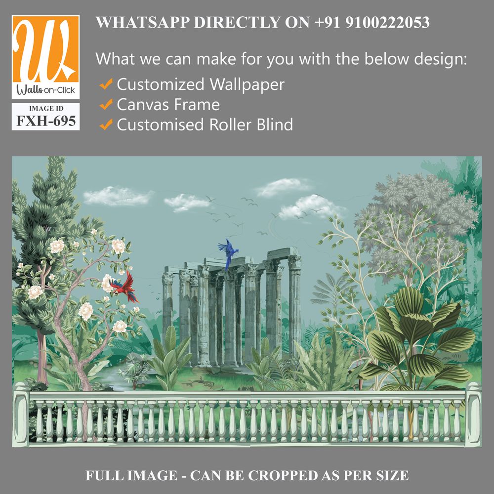 Greek, Roman, Greek arch, garden, peacock, wallpaper illustrations. Roman architecture dome, tree, parrot landscape illustration for wallpaper. [WP-FXH-695]