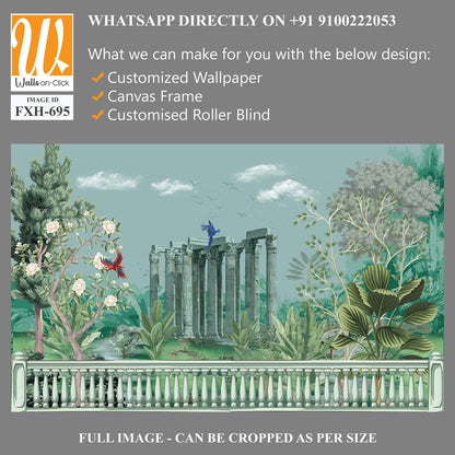 Greek, Roman, Greek arch, garden, peacock, wallpaper illustrations. Roman architecture dome, tree, parrot landscape illustration for wallpaper. [WP-FXH-695]