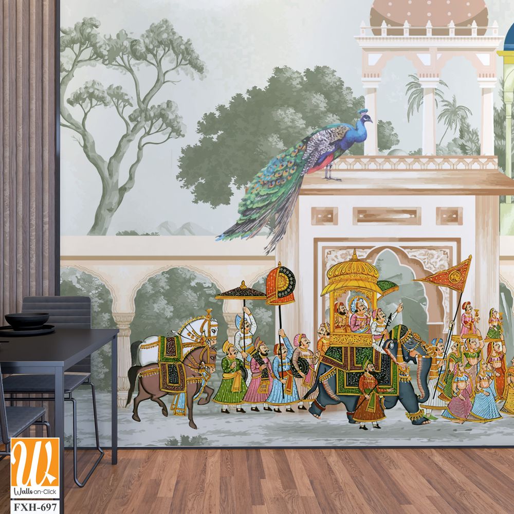 Traditional Mughal emperor riding horse in a garden arch wallpaper illustration. India Miniature Painting Rajasthan, Udaipur illustration. Mughal mural art wallpaper. [WP-FXH-697]