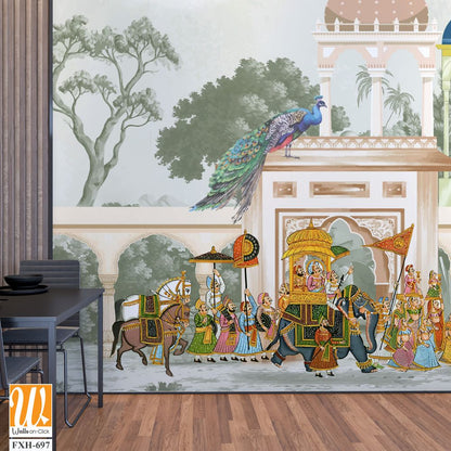 Traditional Mughal emperor riding horse in a garden arch wallpaper illustration. India Miniature Painting Rajasthan, Udaipur illustration. Mughal mural art wallpaper. [WP-FXH-697]