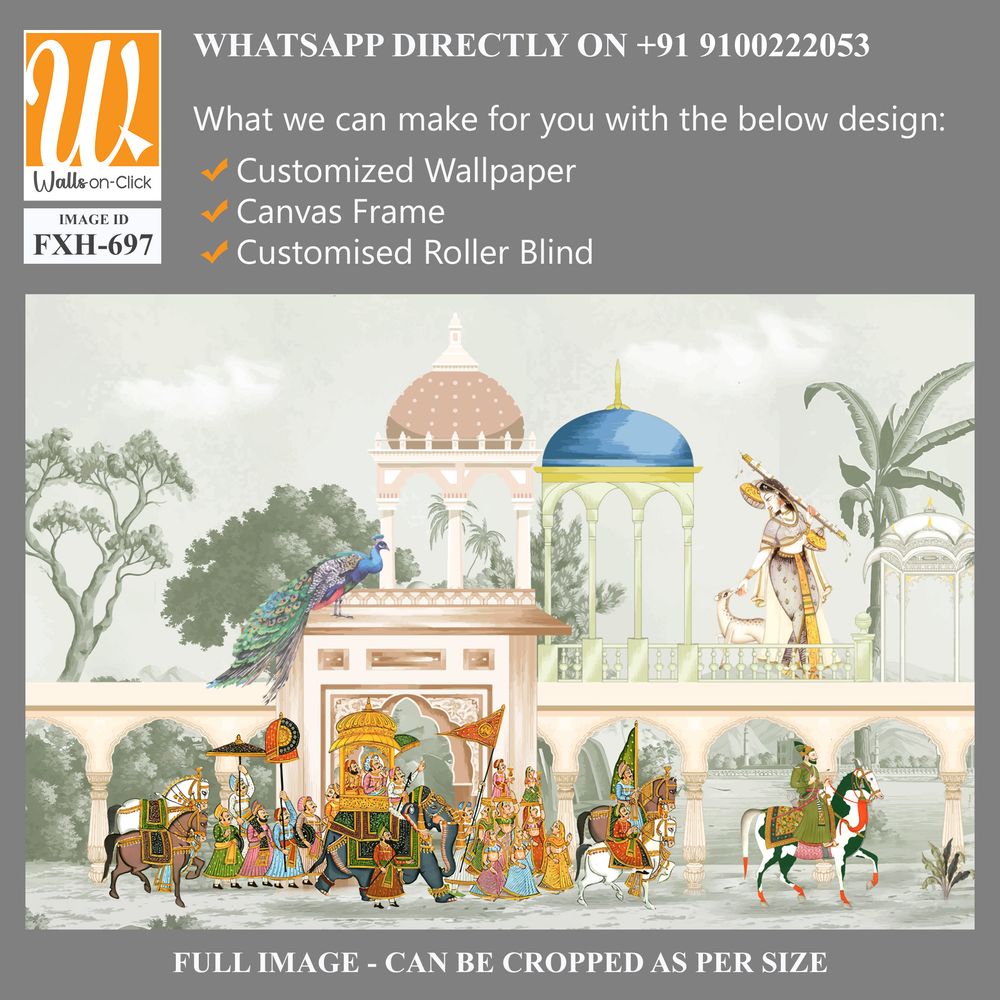 Traditional Mughal emperor riding horse in a garden arch wallpaper illustration. India Miniature Painting Rajasthan, Udaipur illustration. Mughal mural art wallpaper. [WP-FXH-697]