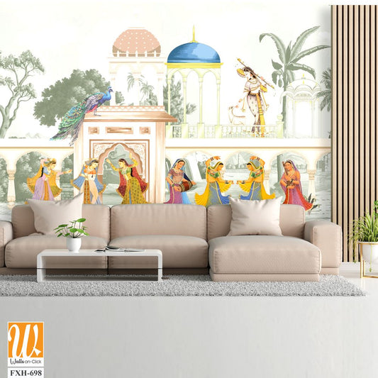 The Queen dancing Entertaining in a garden arch wallpaper illustration. India Miniature Painting Rajasthan, Udaipur illustration. Mughal mural art wallpaper. [WP-FXH-698]