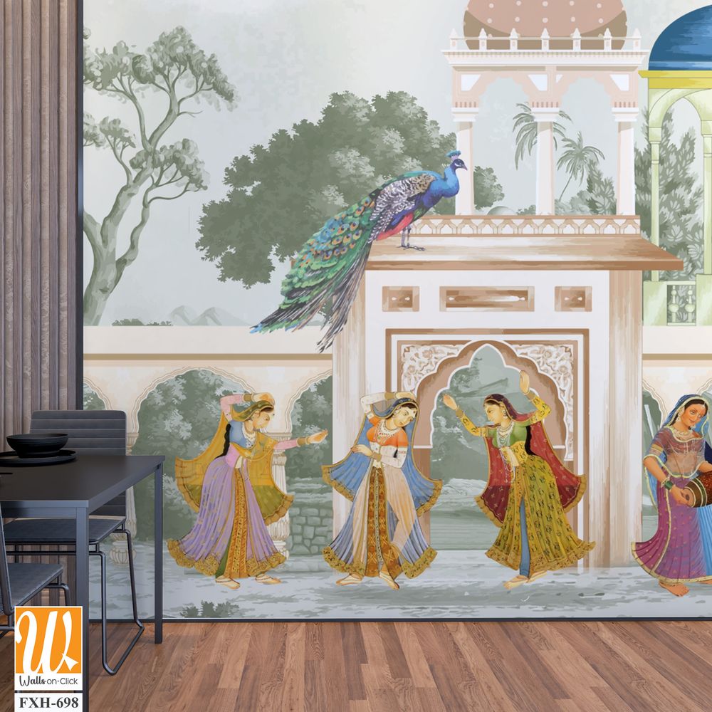 The Queen dancing Entertaining in a garden arch wallpaper illustration. India Miniature Painting Rajasthan, Udaipur illustration. Mughal mural art wallpaper. [WP-FXH-698]