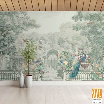 Vintage Roman mural wallpaper with garden, forest, peacock, bird, flower vase, botanical plant landscape illustration [WP-FXH-700]