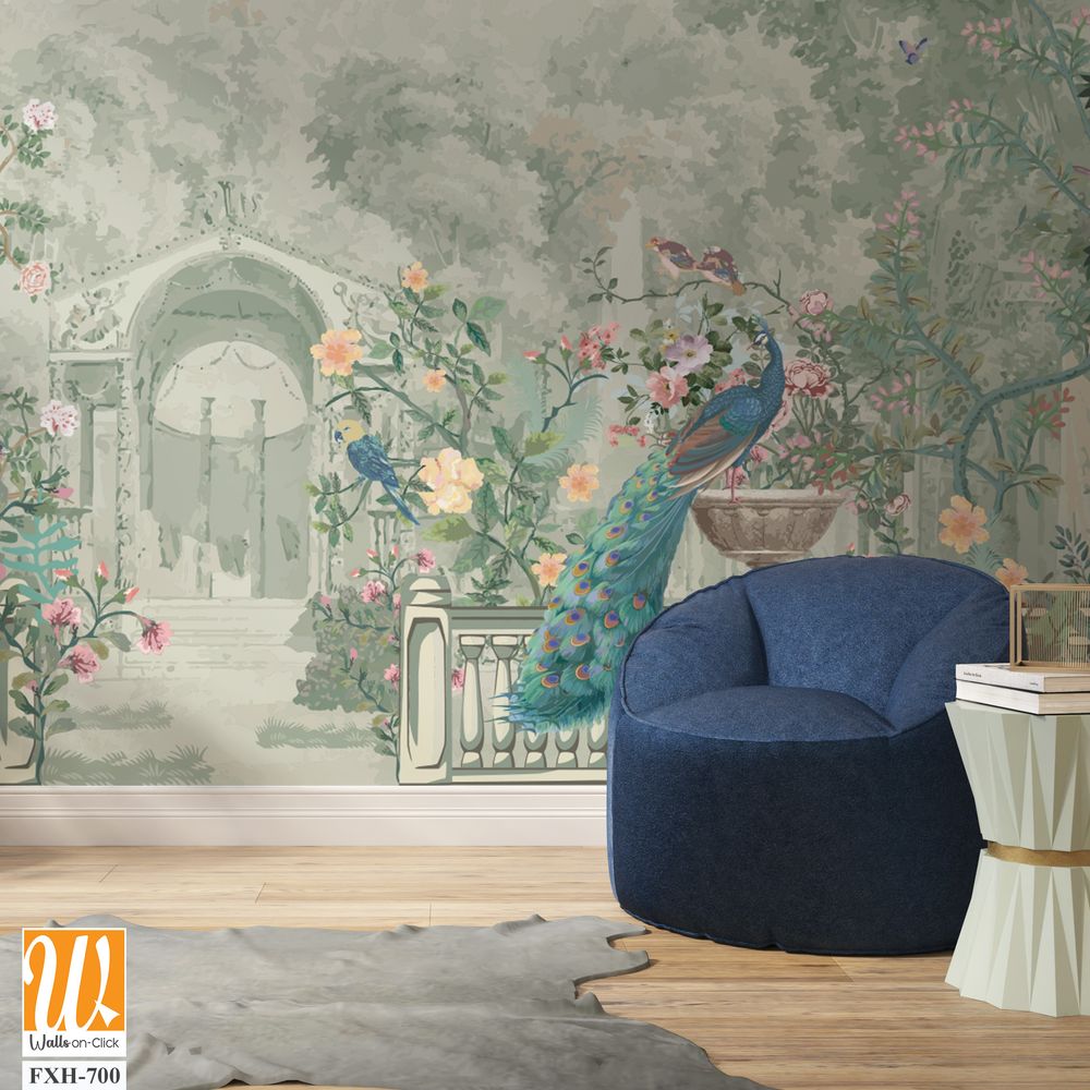 Vintage Roman mural wallpaper with garden, forest, peacock, bird, flower vase, botanical plant landscape illustration [WP-FXH-700]