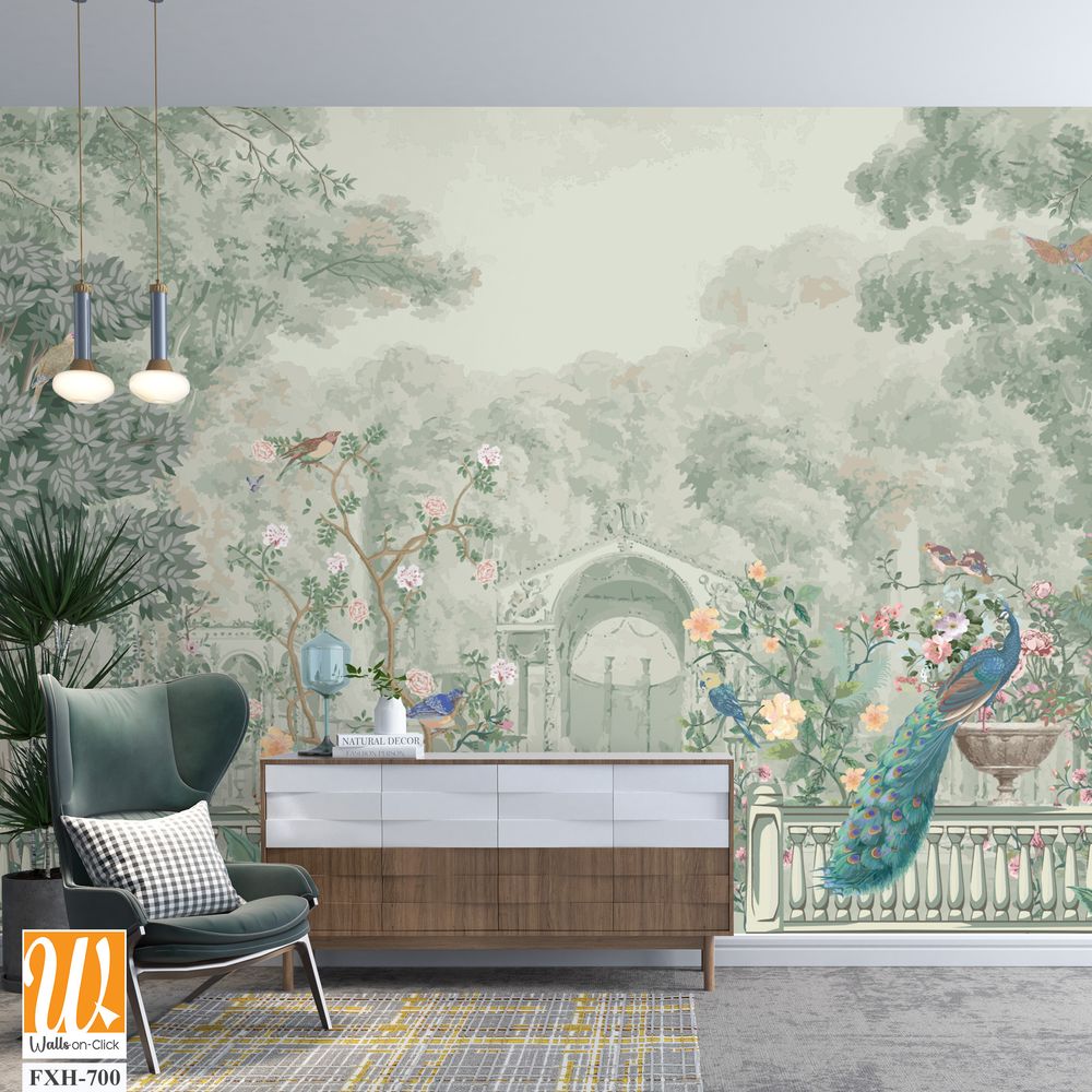 Vintage Roman mural wallpaper with garden, forest, peacock, bird, flower vase, botanical plant landscape illustration [WP-FXH-700]