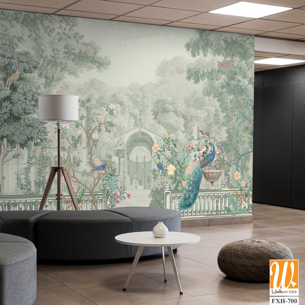 Vintage Roman mural wallpaper with garden, forest, peacock, bird, flower vase, botanical plant landscape illustration [WP-FXH-700]