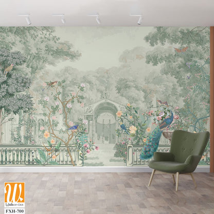 Vintage Roman mural wallpaper with garden, forest, peacock, bird, flower vase, botanical plant landscape illustration [WP-FXH-700]