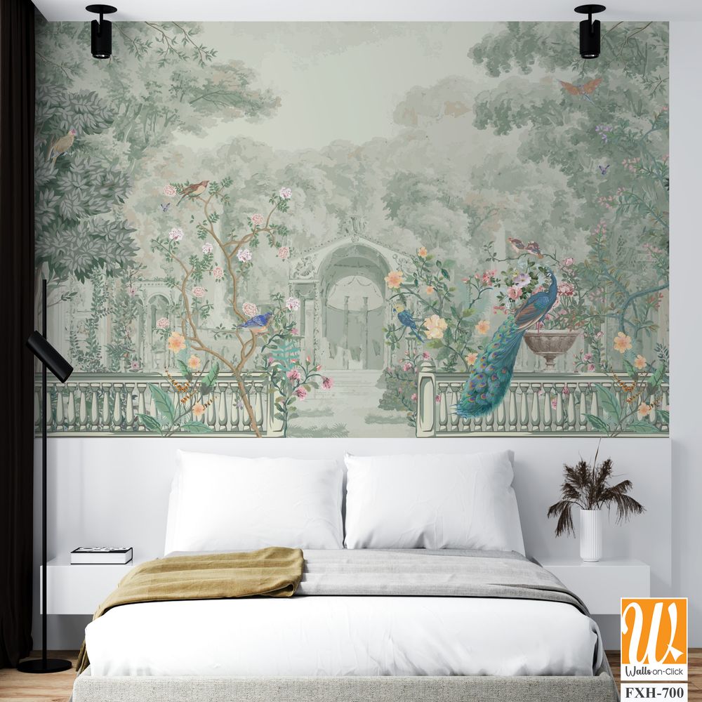 Vintage Roman mural wallpaper with garden, forest, peacock, bird, flower vase, botanical plant landscape illustration [WP-FXH-700]