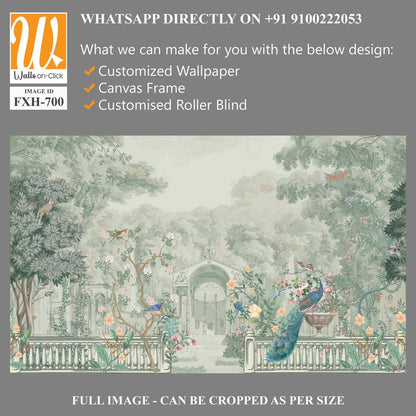 Vintage Roman mural wallpaper with garden, forest, peacock, bird, flower vase, botanical plant landscape illustration [WP-FXH-700]