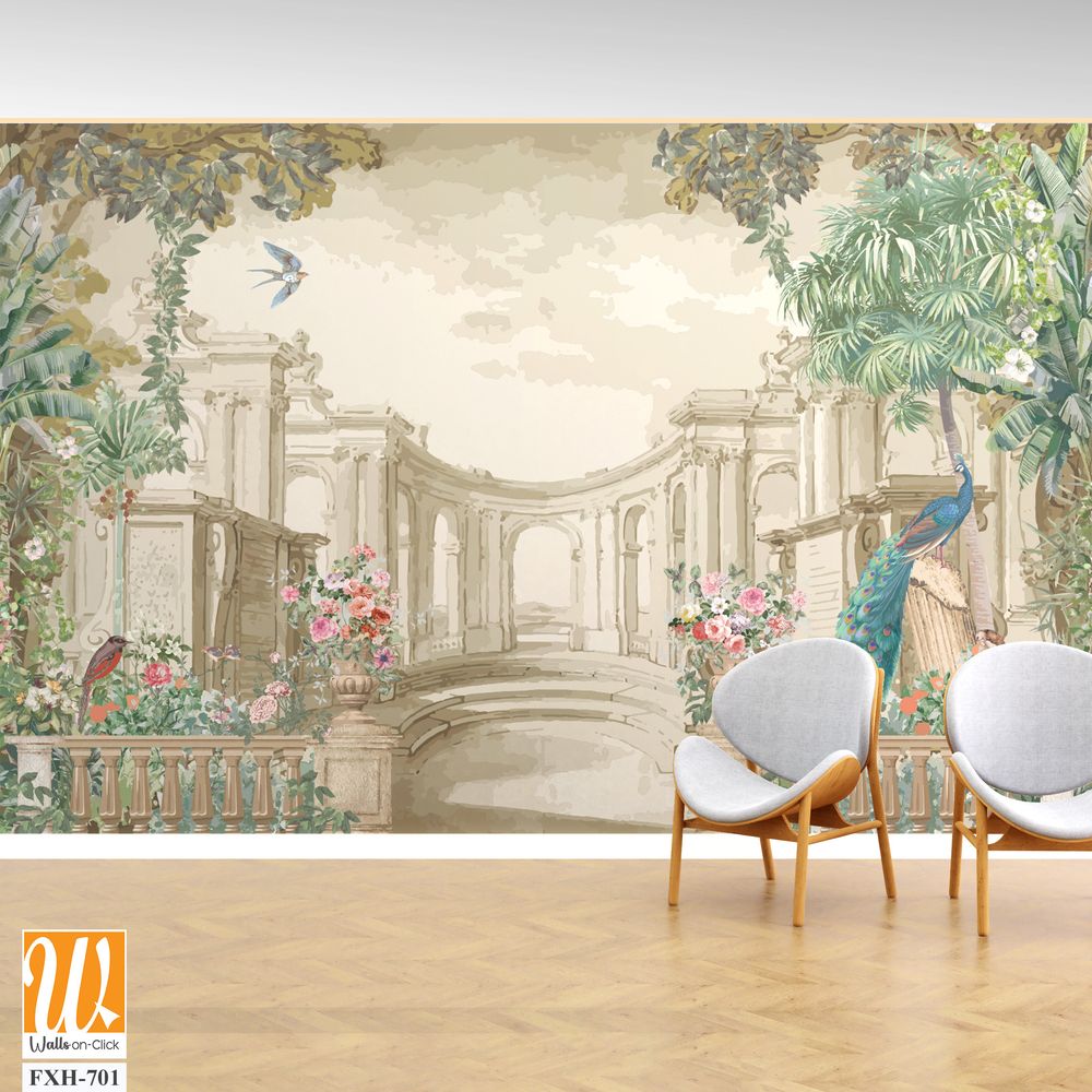 Vintage classical Roman ruins with garden, peacock, bird, botanical tree and flower for wallpaper [WP-FXH-701]