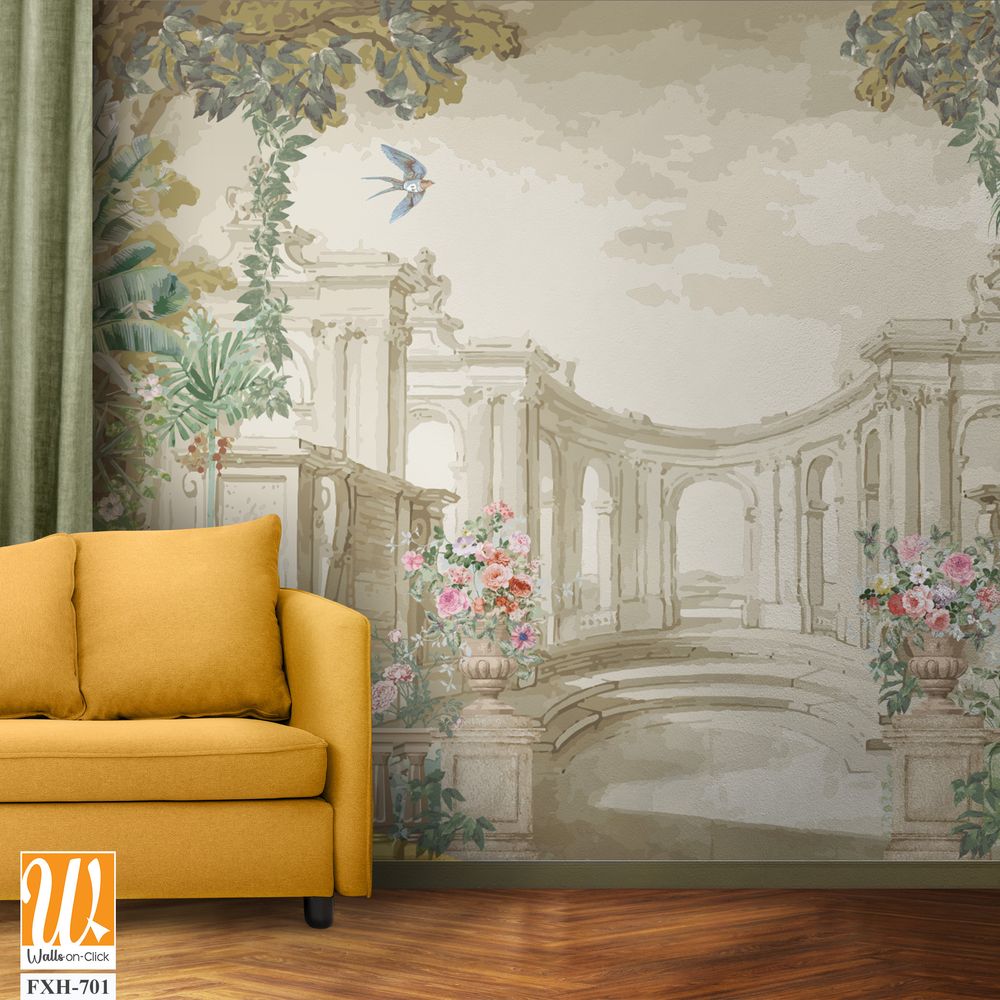 Vintage classical Roman ruins with garden, peacock, bird, botanical tree and flower for wallpaper [WP-FXH-701]