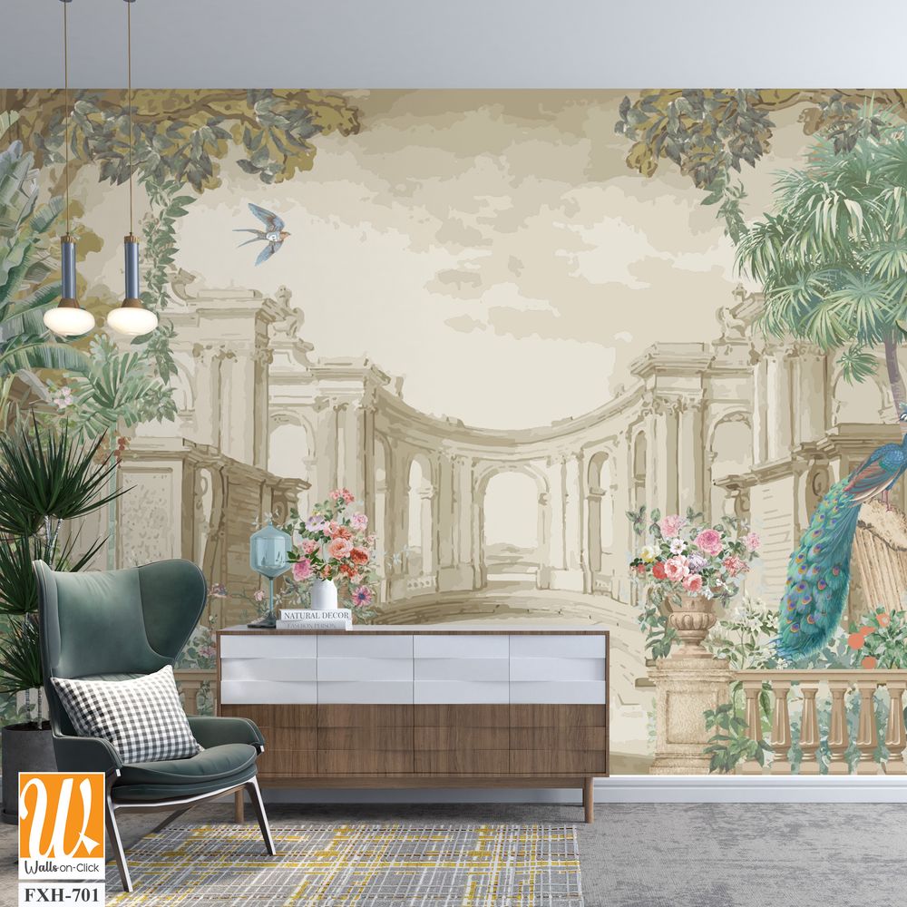 Vintage classical Roman ruins with garden, peacock, bird, botanical tree and flower for wallpaper [WP-FXH-701]