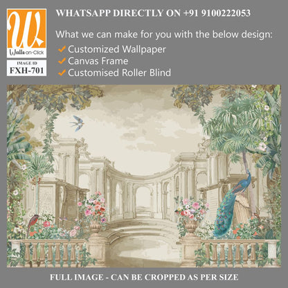 Vintage classical Roman ruins with garden, peacock, bird, botanical tree and flower for wallpaper [WP-FXH-701]