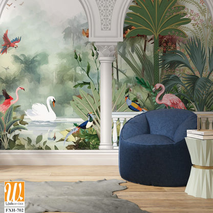 Beautiful garden arch bird mountain lake wallpaper. Watercolor Landscape illustrations. Jungle wallpaper illustrations. [WP-FXH-702]