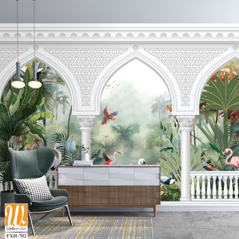 Beautiful garden arch bird mountain lake wallpaper. Watercolor Landscape illustrations. Jungle wallpaper illustrations. [WP-FXH-702]