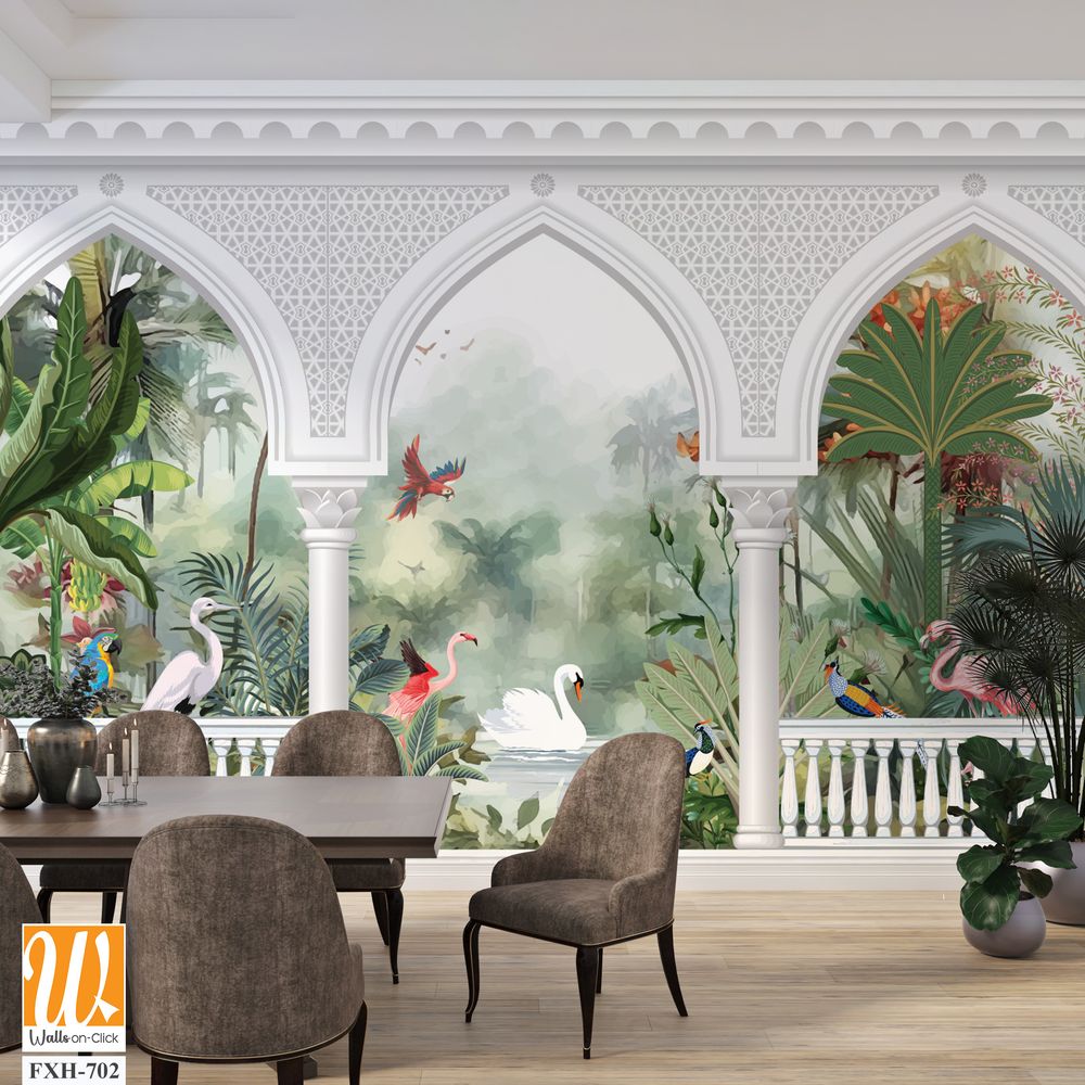 Beautiful garden arch bird mountain lake wallpaper. Watercolor Landscape illustrations. Jungle wallpaper illustrations. [WP-FXH-702]