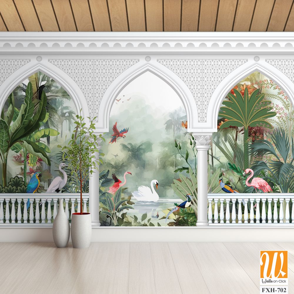 Beautiful garden arch bird mountain lake wallpaper. Watercolor Landscape illustrations. Jungle wallpaper illustrations. [WP-FXH-702]