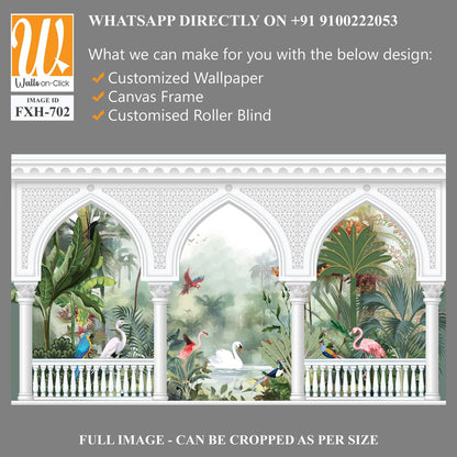 Beautiful garden arch bird mountain lake wallpaper. Watercolor Landscape illustrations. Jungle wallpaper illustrations. [WP-FXH-702]