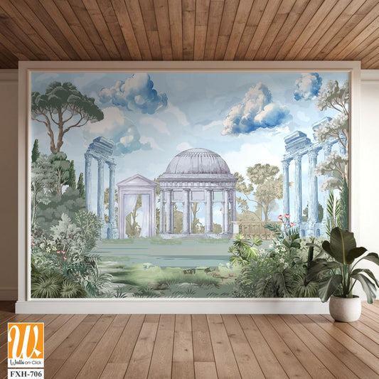 Ancient Roman architecture with garden, column, tree landscape illustration for wallpaper [WP-FXH-706]