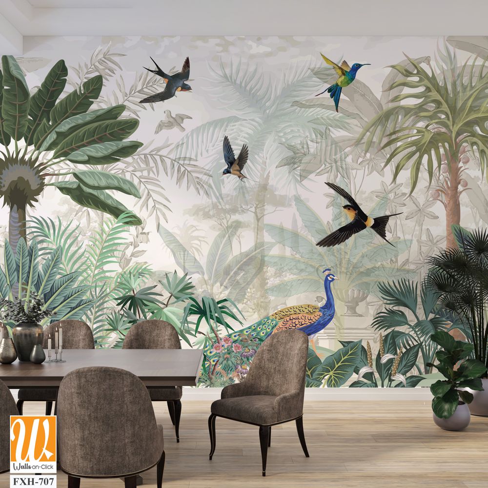 Mural de naturaleza tropical wallpaper, Mughal wallpaper, birds, peacock, Watercolor background. [WP-FXH-707]