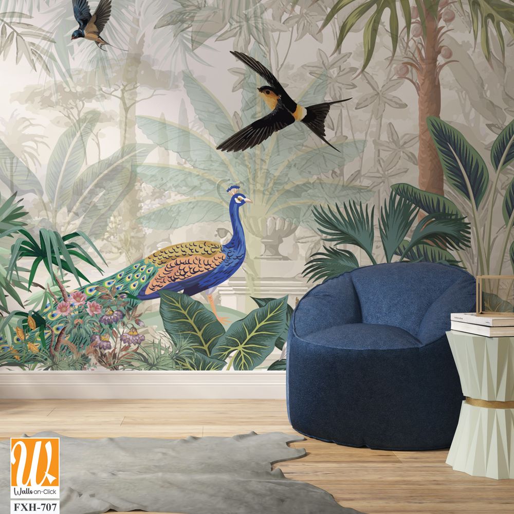 Mural de naturaleza tropical wallpaper, Mughal wallpaper, birds, peacock, Watercolor background. [WP-FXH-707]