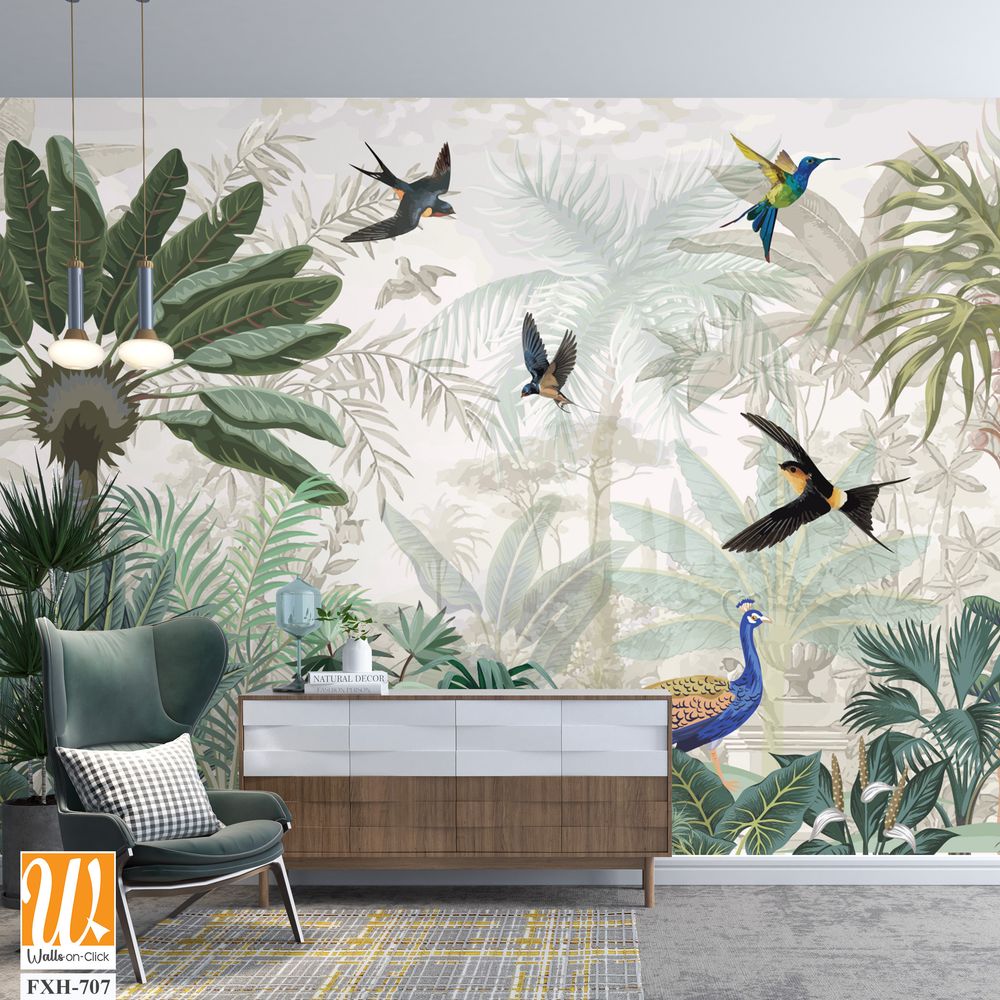 Mural de naturaleza tropical wallpaper, Mughal wallpaper, birds, peacock, Watercolor background. [WP-FXH-707]