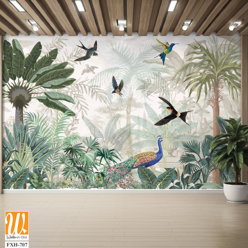 Mural de naturaleza tropical wallpaper, Mughal wallpaper, birds, peacock, Watercolor background. [WP-FXH-707]