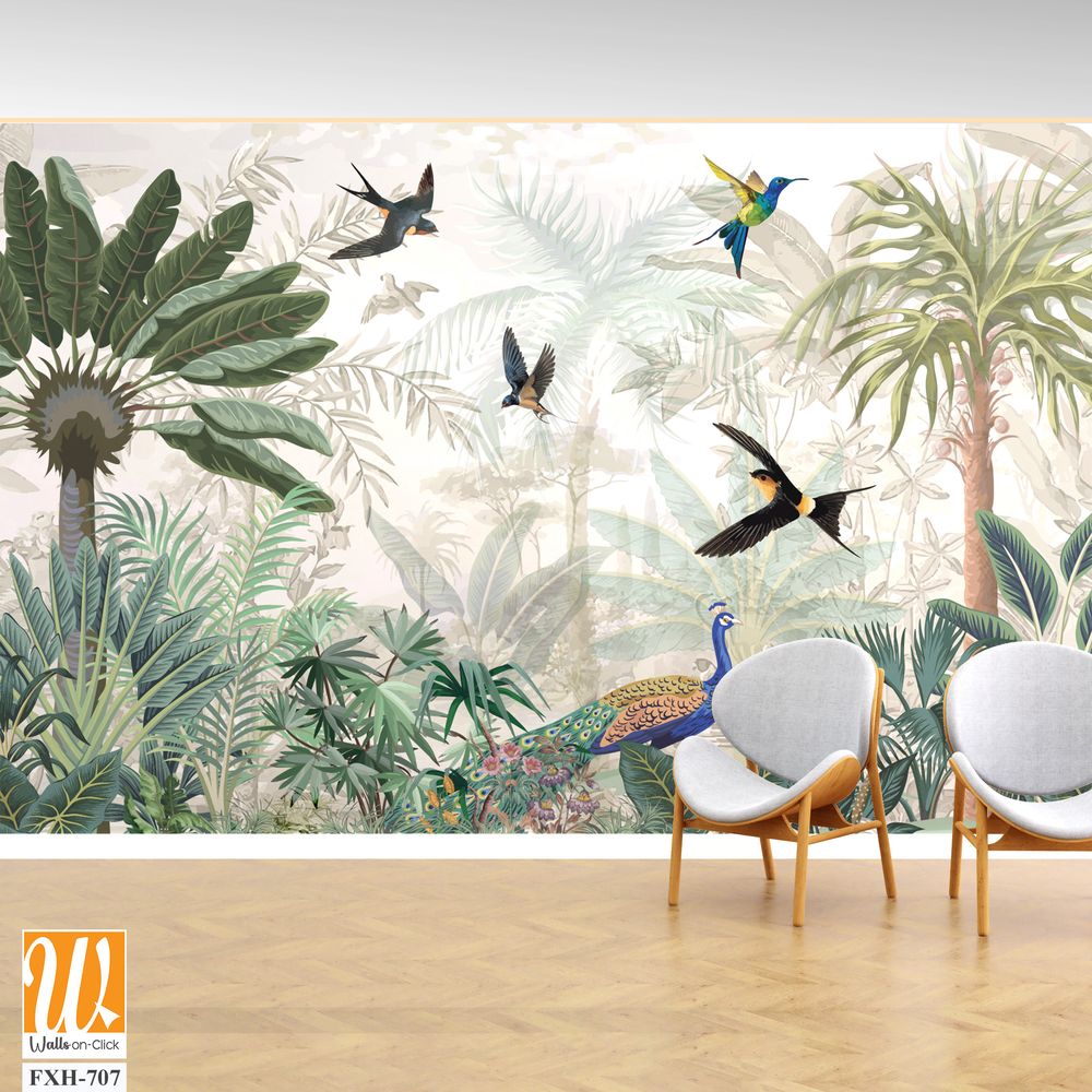 Mural de naturaleza tropical wallpaper, Mughal wallpaper, birds, peacock, Watercolor background. [WP-FXH-707]