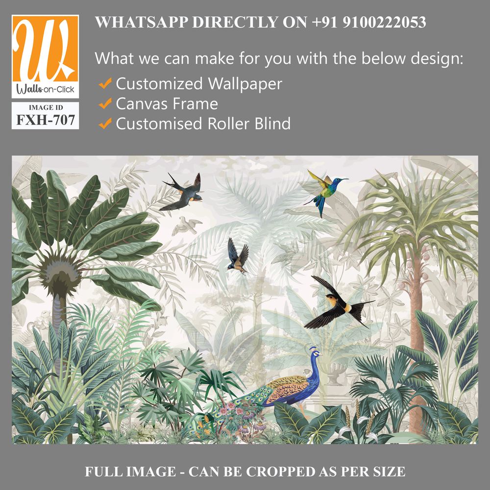 Mural de naturaleza tropical wallpaper, Mughal wallpaper, birds, peacock, Watercolor background. [WP-FXH-707]