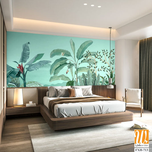 Tropical jungle wallpaper illustrations. Mural Banana tree and flamingo tropical plants for digital wallpaper. Exotic jungle wallpaper. [WP-FXH-713]