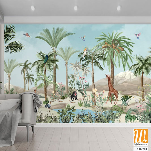 Wall Mural Modern classic white interior with stucco wall panels, Wall Mural plantation, watercolor background, birds, sky. [WP-FXH-714]