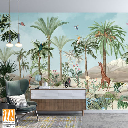 Wall Mural Modern classic white interior with stucco wall panels, Wall Mural plantation, watercolor background, birds, sky. [WP-FXH-714]