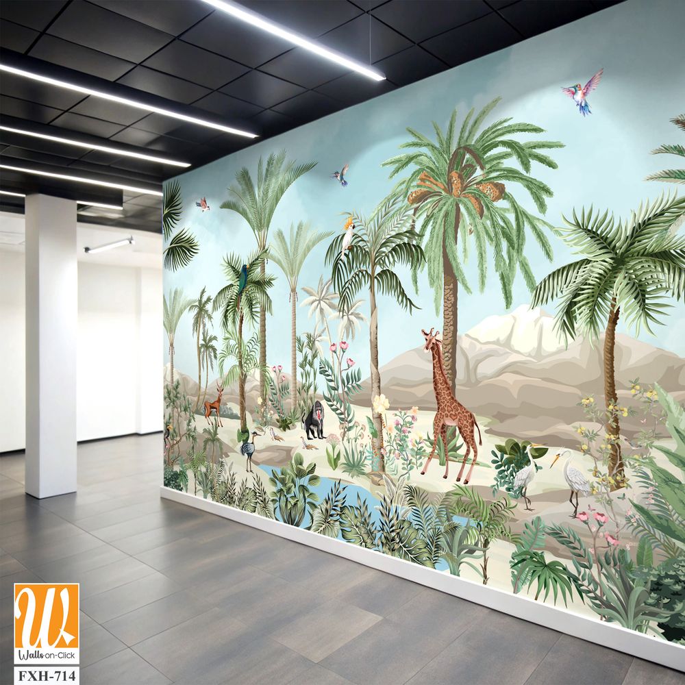 Wall Mural Modern classic white interior with stucco wall panels, Wall Mural plantation, watercolor background, birds, sky. [WP-FXH-714]