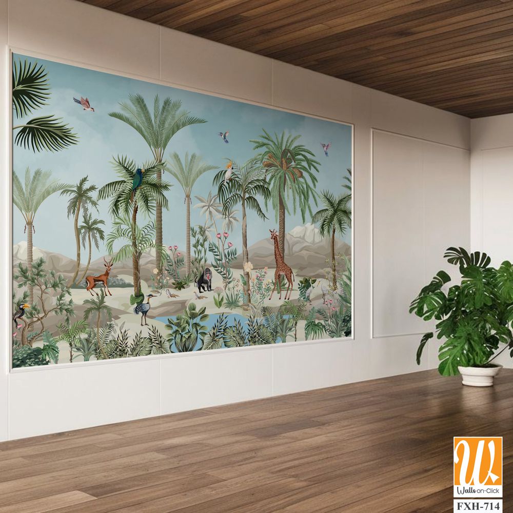 Wall Mural Modern classic white interior with stucco wall panels, Wall Mural plantation, watercolor background, birds, sky. [WP-FXH-714]