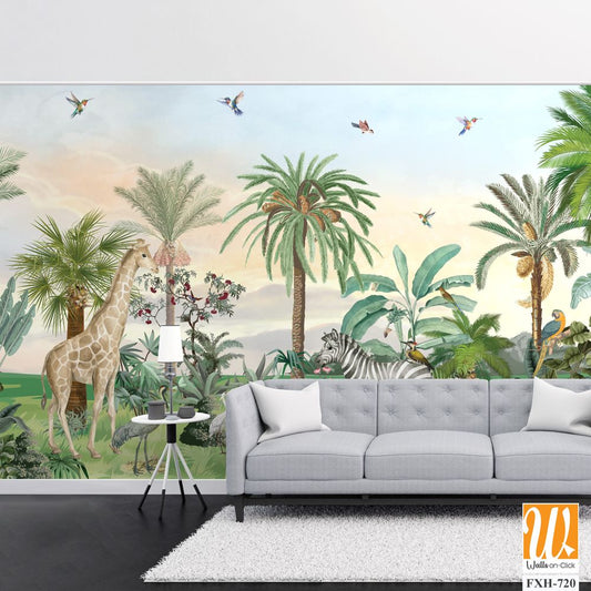 Tropical forest, wild wallpaper mural, jungle background, birds and animal. [WP-FXH-720]